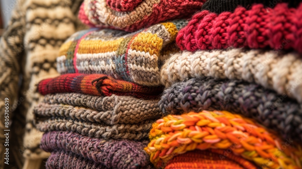 An assortment of knitted items such as scarves sweaters and hats all made with luxurious designer yarns displayed in a highend boutique. An assortment of knitted items such as scarves sweaters and hats all made with luxurious designer yarns displayed in a highend boutique.