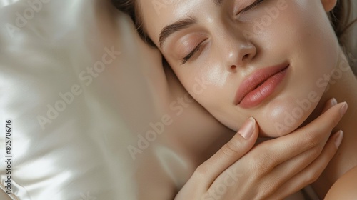 A person gently pressing their cheek against a silk pillowcase enjoying the coolness and softness against their skin.