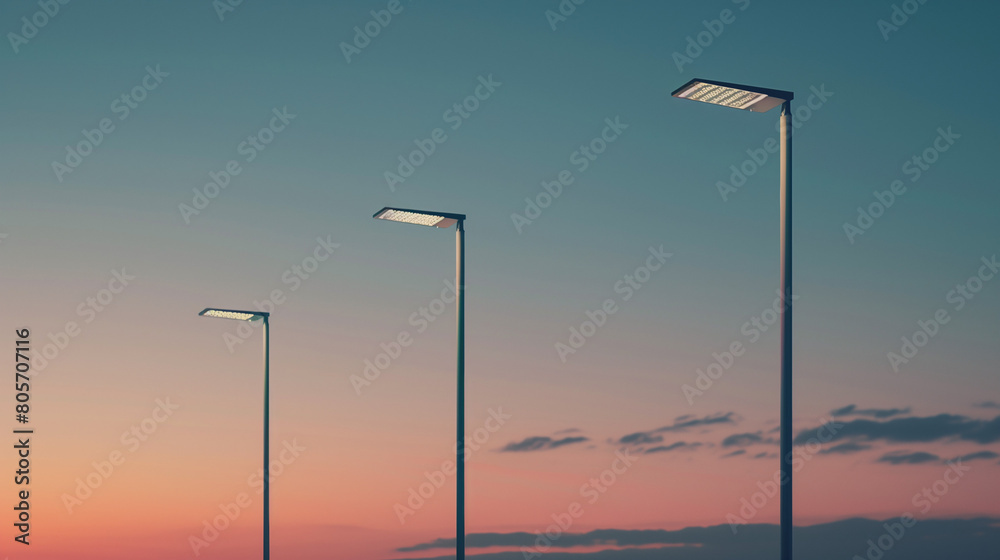 Three solar street light poles stand in a line against a simple background. The sky above transitions in a gradient of blue and purple colors, casting a serene and calming atmosphere over the scene.
Three solar street light poles stand in a line against a simple background. The sky above transitions in a gradient of blue and purple colors, casting a serene and calming atmosphere over the scene.