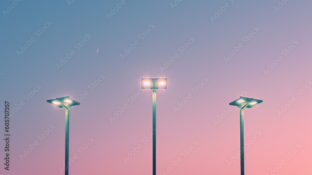 Three solar street light poles stand in a line against a simple background. The sky above transitions in a gradient of blue and purple colors, casting a serene and calming atmosphere over the scene.
Three solar street light poles stand in a line against a simple background. The sky above transitions in a gradient of blue and purple colors, casting a serene and calming atmosphere over the scene.