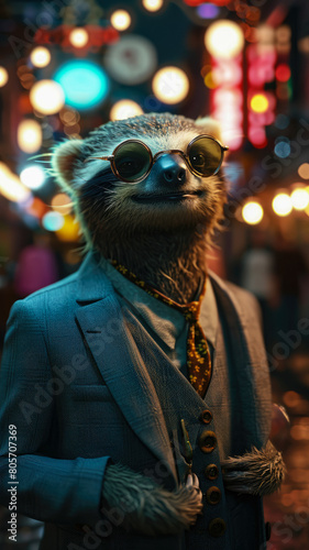 Relaxed sloth meanders through city streets in tailored elegance, epitomizing street style.