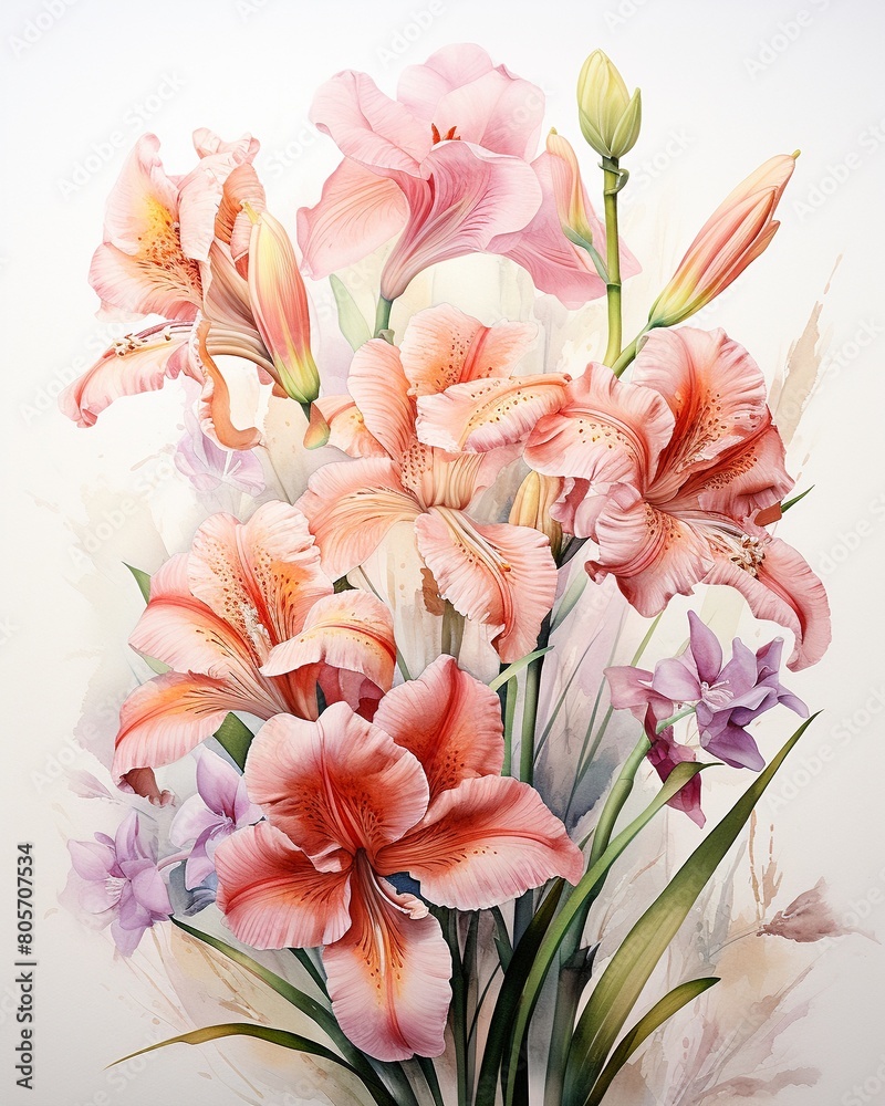Delicate Iris Flower and Peruvian Lily in watercolor, capturing the essence of friendship with subtle red hues and asymmetrical green leaves ,  high-detail texture