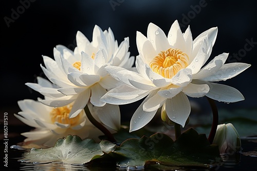 Ethereal white lotus flowers  soft lighting  pristine petals against a dark water background    high resolution
