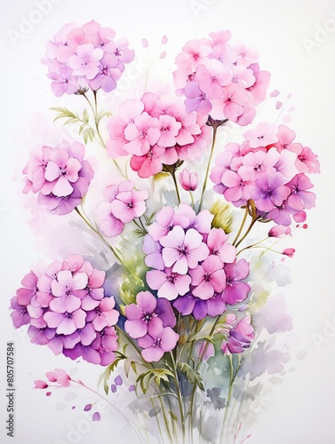 Fresh and airy watercolor painting of freesias and asters, blooms signifying friendship set against a serene white backdrop , against pur white background