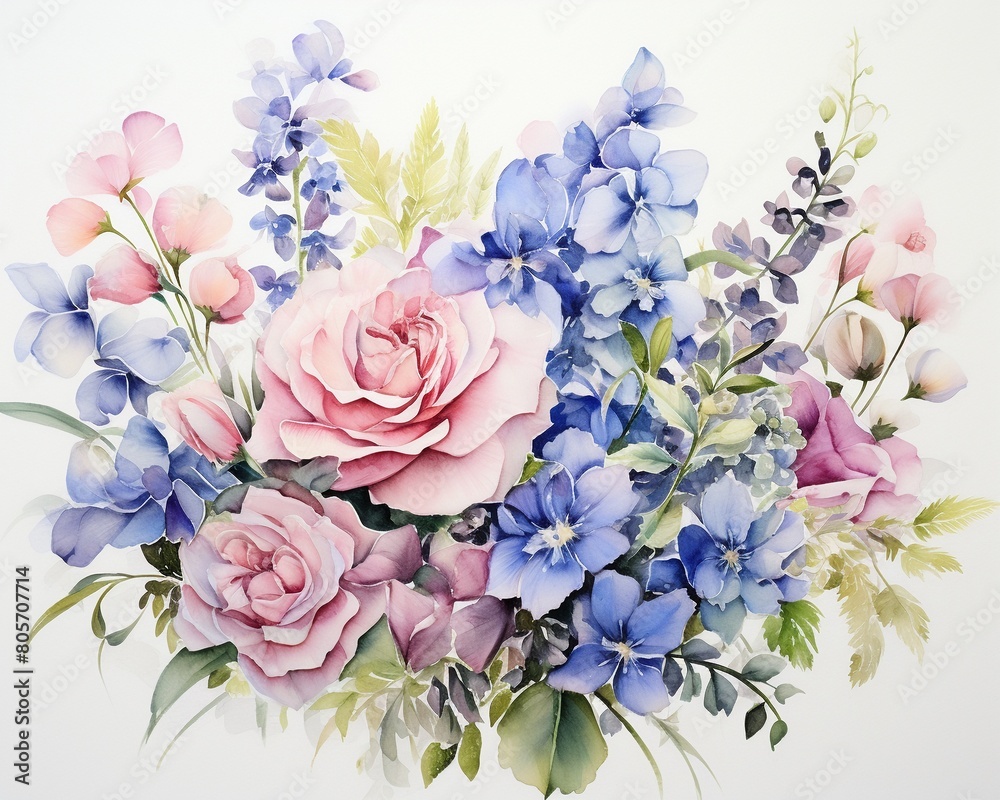 Watercolor bouquet featuring sweet pea, delphiniums, and roses, soft pastels on a white background, symbolizing delicate grace ,  high-detail texture