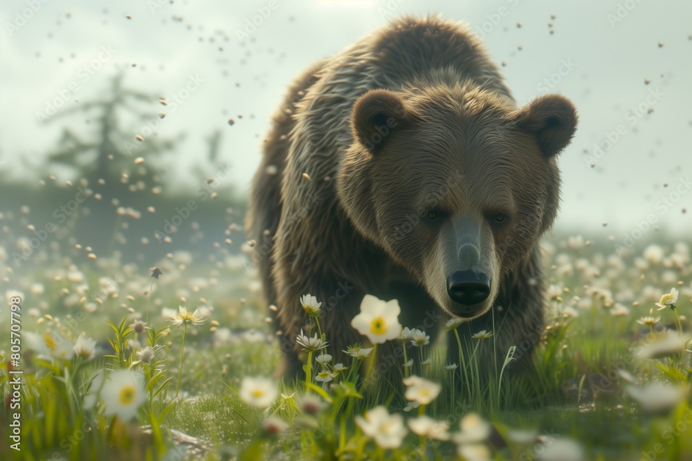 A bear walks through a field with small flowers