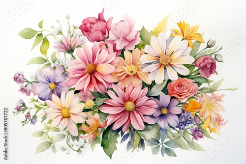 Watercolor depiction of friendship flowers  including freesias and asters  with soft red hues and vibrant greens  against a white background    fresh and clean look