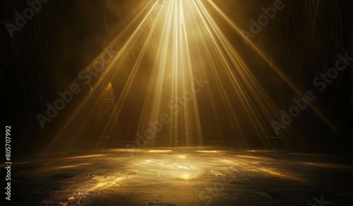 A dark background with golden light rays, with an empty stage in the center of it. The light beams radiate outwards from behind and above to form a soft glow around the scene