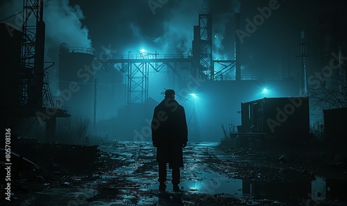 Security guard patrolling a dimly lit industrial area, vigilant, isolated, photo