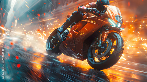 A motorcycle rider on a red motorcycle moving fast Fantasy concept photo