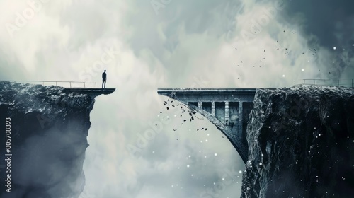 A solitary figure standing at the edge of a chasm, with a bridge in the distance shattered into pieces photo