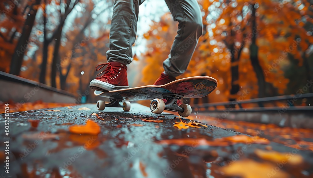 Naklejka premium Urban skateboarder performing tricks on a concrete park, dynamic, gritty urban setting,