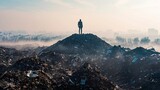 A solitary figure standing atop a mountain of electronic waste, staring out at the horizon obscured by smog and pollution