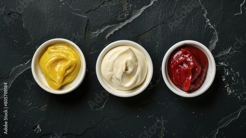 Indulge in a trio of classic sauces mayonnaise, mustard, and ketchup perfect for adding flavor to any dish, Ai Generated. photo