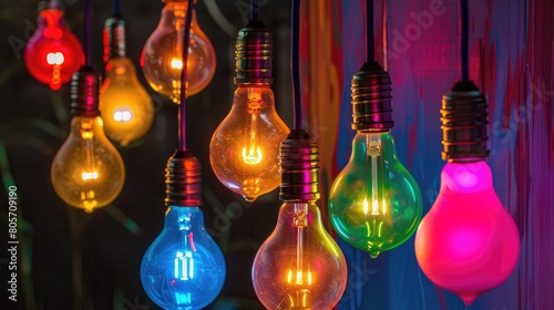 Colorful light bulbs hanging decor emits radiant glow in darkness. Ai Generated