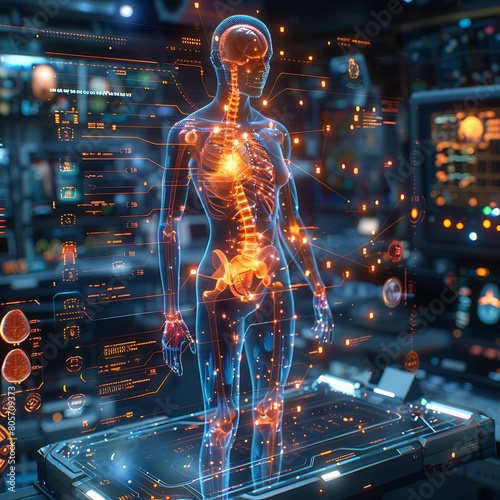Futuristic medical interface with holographic anatomical models and real-time health data.