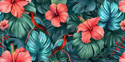 A seamless pattern of tropical flowers and birds