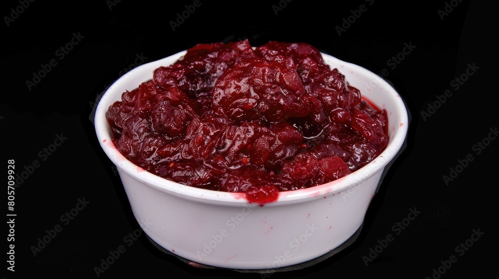 Rich cranberry sauce contrasts elegantly against black backdrop, Ai Generated. Rich cranberry sauce contrasts elegantly against black backdrop, Ai Generated.
