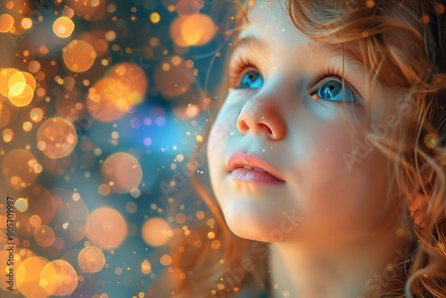 Red haired child with blue eyes looks up naively, on blue background with magical golden bokeh. For design with place for text. Concept of happy children and international children's day photo