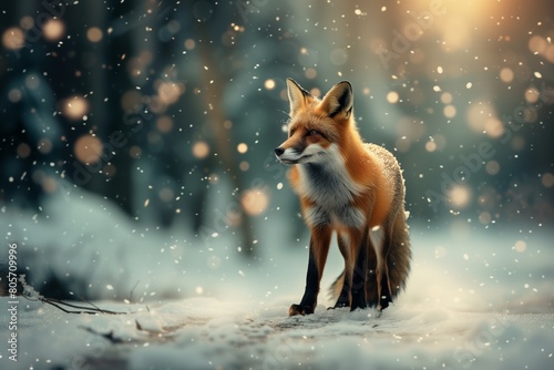 fox poses for the camera in a snowy forest illustration