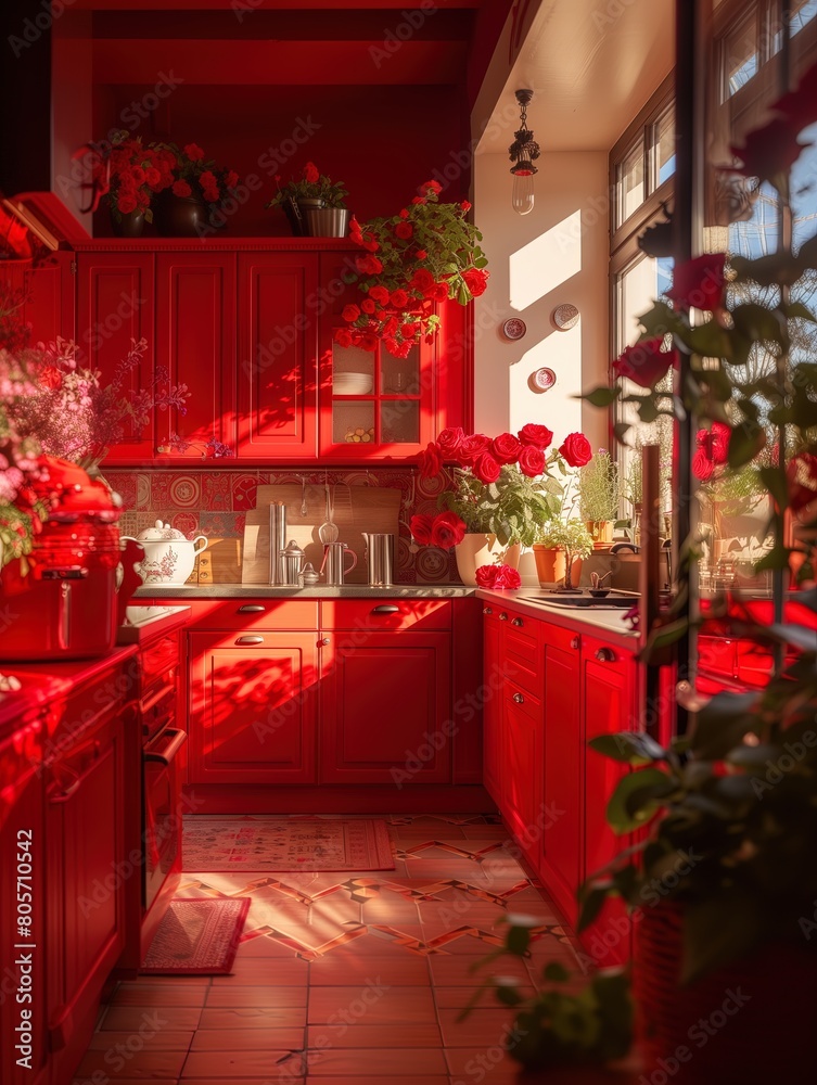 British style kitchen with bright red color