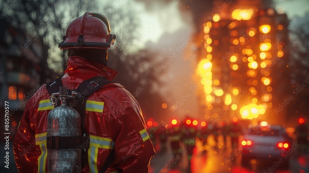 A fireman in a red jacket stands in front of a burning building
