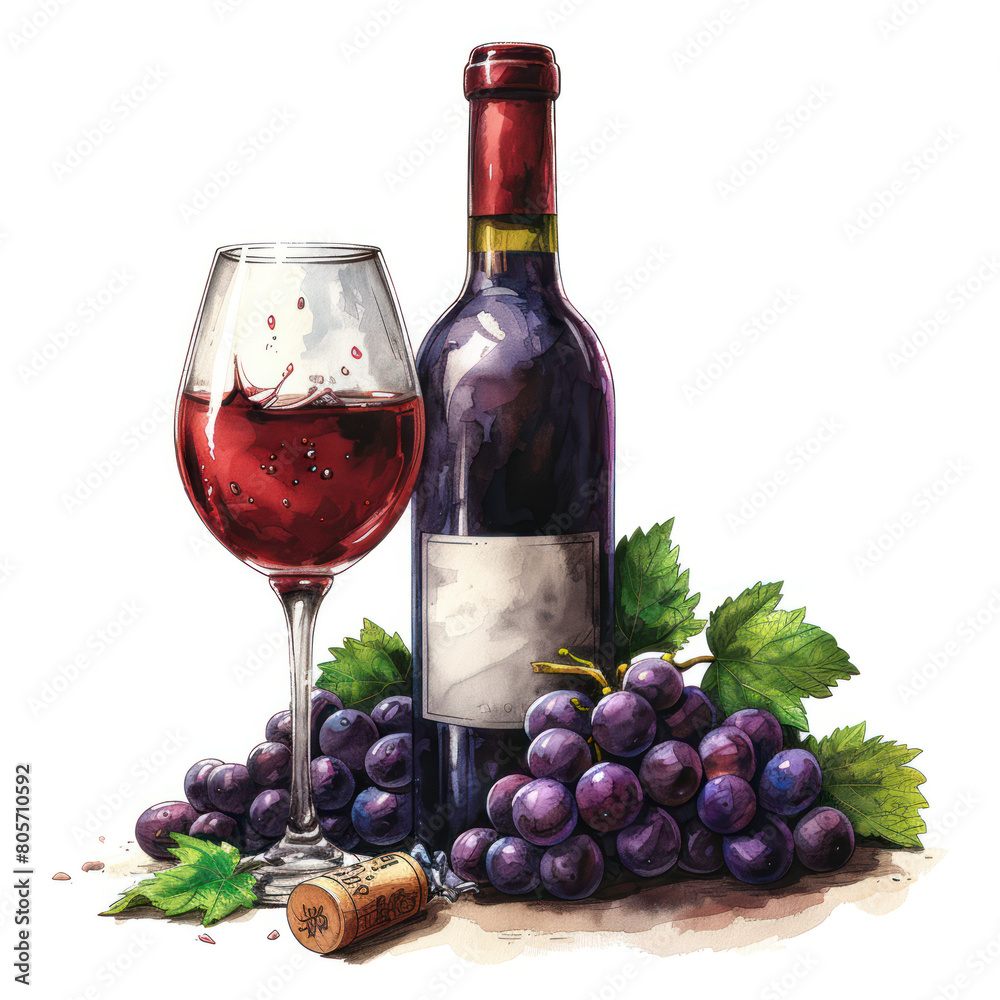 illustration of wine and grapes | White Background