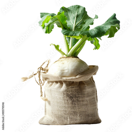 Turnip falling from hole in the bag, PNG isolated art