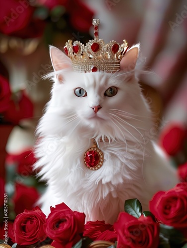 A long-hair white cat wearing a princess tiara, sitting in red roses, looking cdemure and noble