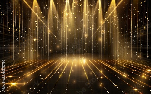 A gold light background with lights shining on the ground  a dark black background with golden lines and lights shining from top to bottom