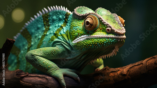 colorful chameleon on branch, exotic reptile. Wildlife Concept © Muhammad