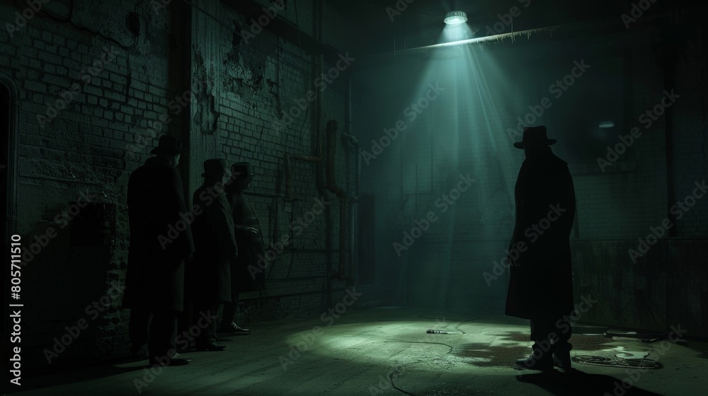 A clandestine meeting of mafia members in a deserted warehouse, plotting under a single beam of light