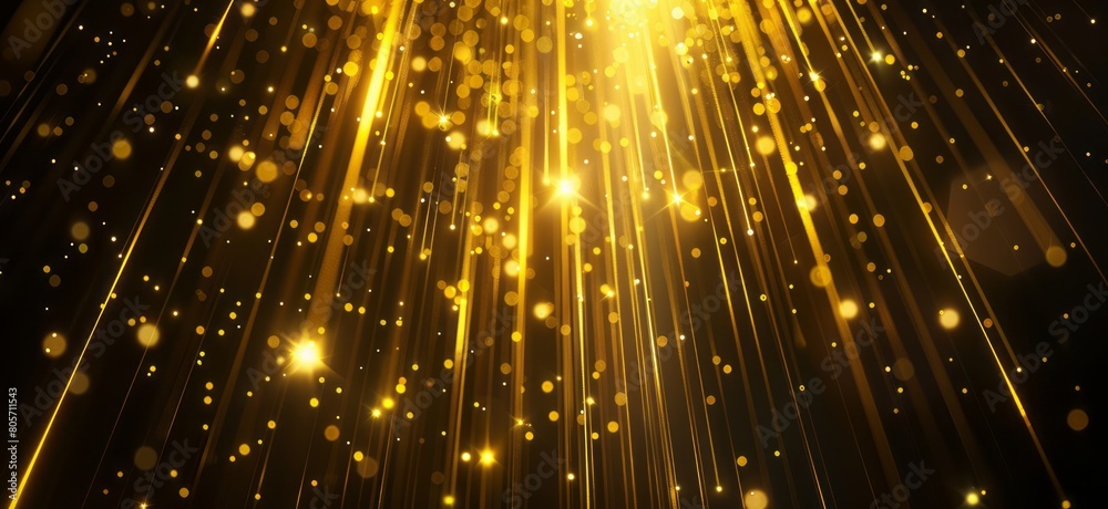 Golden light with glowing lines on a black background and sparkling vertical light beams Golden light with glowing lines on a black background and sparkling vertical light beams