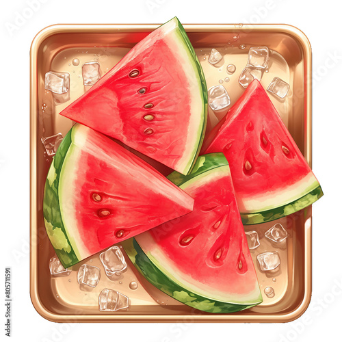 Watermelon slices in a copper tray, PNG isolated art