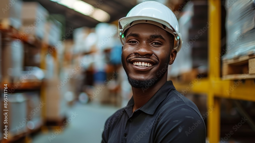 Young professional African American man wearing a black polo shirt and white hard hat. He seems to be happily working. in the packaging factory Wearing a white helmet indicates safety. Young professional African American man wearing a black polo shirt and white hard hat. He seems to be happily working. in the packaging factory Wearing a white helmet indicates safety.