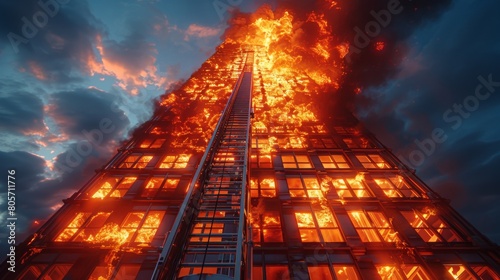 A fire is burning a tall building with a fire escape ladder