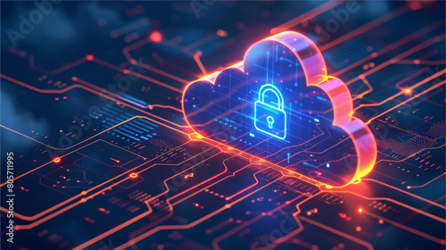 Futuristic representation of a secure cloud network with glowing padlock on a digital circuit board, symbolizing advanced cybersecurity.