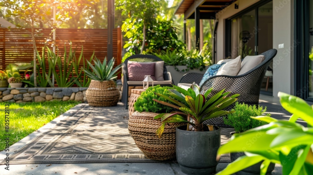 A tranquil outdoor space with neatly arranged potted plants and a comfortable seating area providing a peaceful escape from the chaos of daily life.