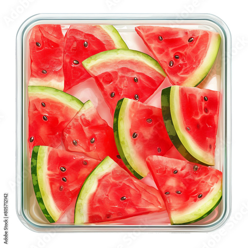 Watermelon slices in a Tupperware container, PNG isolated art