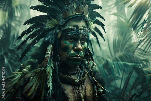 fierce tribal warrior in a dense jungle setting adorned with primitive accessories aigenerated digital art portraying a savage and barbaric character photo