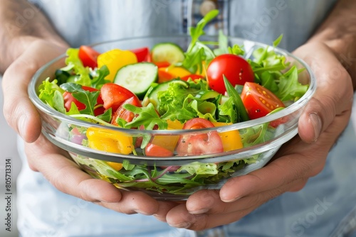 healthy vegetable salad in bowl held by mans hands healthy eating concept photo