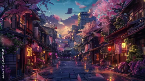Animated a beautiful japanese city town in the evening, digital art, anime style photo