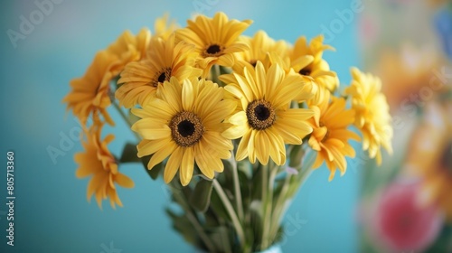A bouquet of golden daisies arranged in a vase  perfect for concepts like happiness