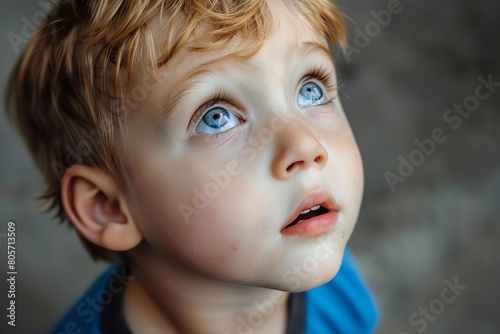 innocent blueeyed little boy gazing up with wonder and curiosity heartwarming portrait photo