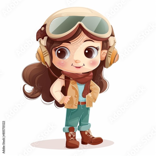 Cute Cartoon Girl in Pilot Attire with Headphones and Goggles Illustration photo
