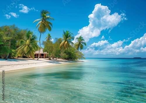 Tranquil Tropical Beach Paradise with Clear Blue Water and Palm Trees