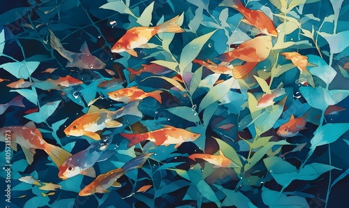 watercolor of a school of bright neon tetra fish darting through water plants, Generative AI photo