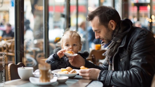 A father at a cafe  gently feeding his toddler breakfast  surrounded by the morning bustle of city life