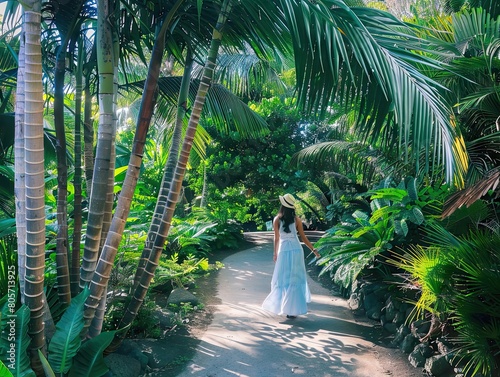 Woman wearing light blue summer sundress is enjoying a summer tropical relaxing walk. photo