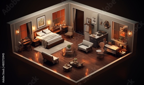 Sophisticated Isometric 3D Single Room Interior with High-End Finishes.